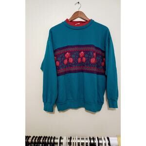 Vintage Nucleus Grandma Sweatshirt Sweater Crew Pullover Collar Roses Teal